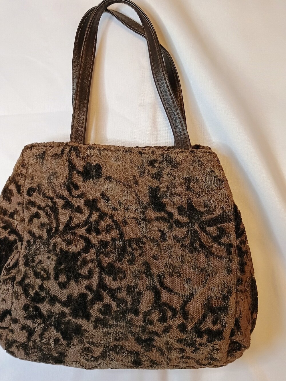 Plush Textured Brown Tote Bag Ornate Scroll Sony Film Property Vintage